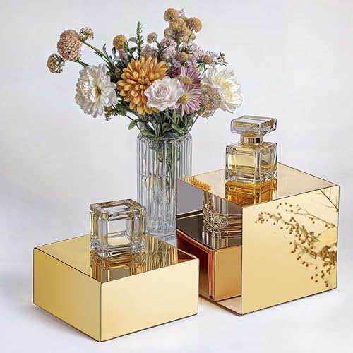 4Pcs Gold Acrylic Cube Mirror Risers for Buffet Tables and Parties