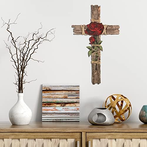 Chunful Wooden Wall Cross with Hemp Rope and Rose
