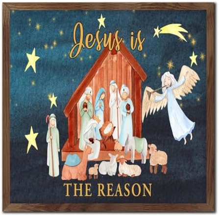 Christmas Nativity Scene Wood Framed Sign 7x7in