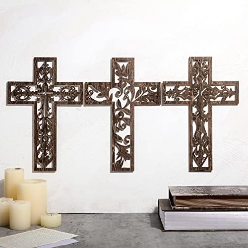 Yookeer 3 Pcs Handmade Brown Wooden Wall Cross Decor