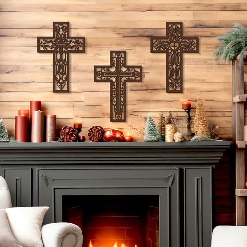Bnesi 3 Pcs Wooden Cross Wall Decor Brown Crosses