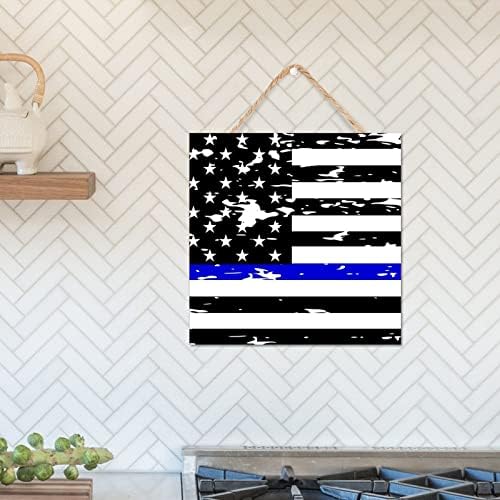 Thin Blue Line Black American Flag Wooden Sign 12x12in