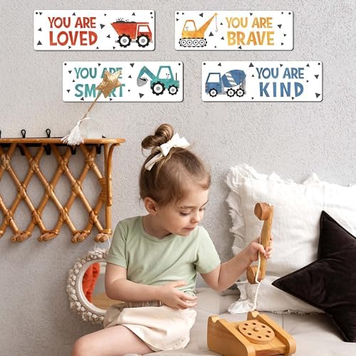 4 Piece Construction Vehicles Kids Room Wall Decor Wooden Signs