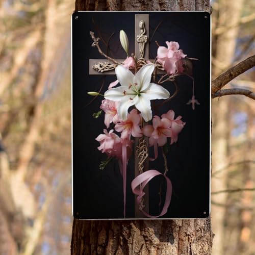 Serene Lily Cross Metal Wall Decor Tin Sign