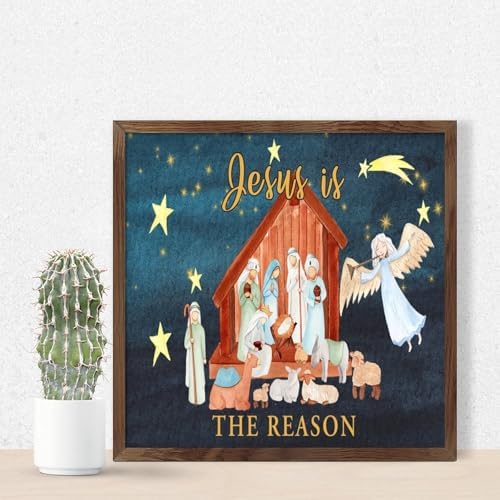 Christmas Nativity Scene Wood Framed Sign 7x7in