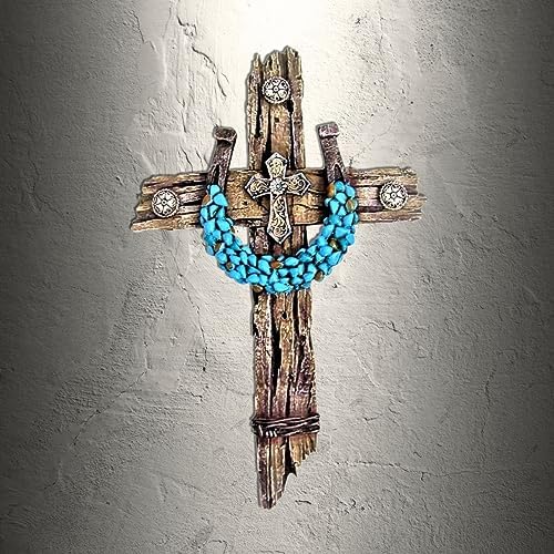 Rustic Drifted Wood Wall Cross with Turquoise Horseshoe