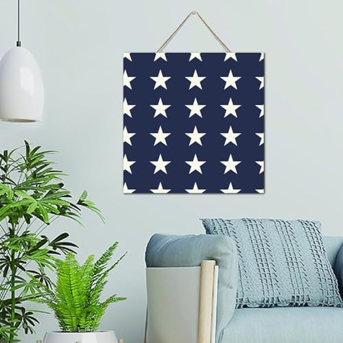 White And Blue Star 4th of July Wood Wall Sign 12x12 Inch