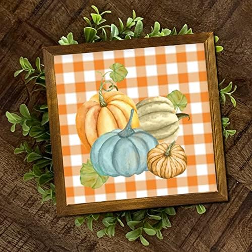 Farmhouse Pumpkin Watercolor Buffalo Plaid Framed Wooden Sign