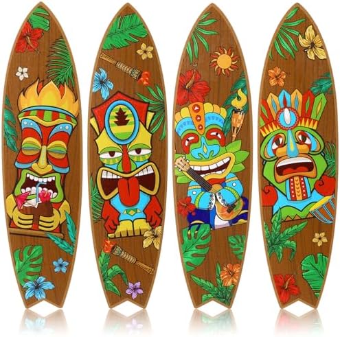 Blulu 4 Pcs Surfboard Wall Decor Wooden Tiki Sign