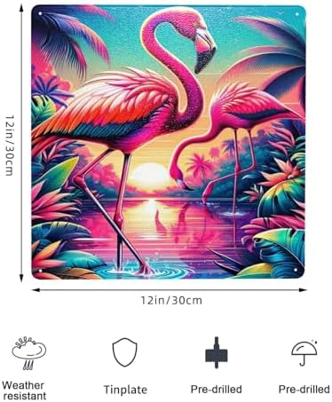 Tropical Sunset Flamingos Metal Wall Art Decor Sign 12x12inch