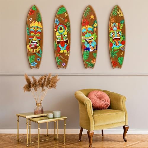 Blulu 4 Pcs Surfboard Wall Decor Wooden Tiki Sign