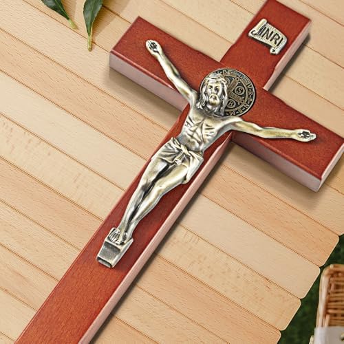 ARCHOBAN Wooden Crucifix Wall Cross with Stand - Brown and Antique Brass