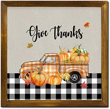 Give Thanks Pumpkin Orange Plaid Truck Wood Wall Sign 12x12 inch