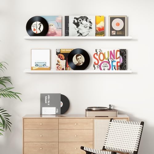 Picture Ledge Shelf Set of 2 White Solid Pine Wood Floating Shelves