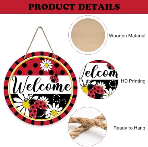 Welcome Spring Ladybug Front Door Sign Rustic Wood Decor