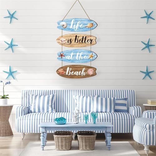 Wooden Beach Wall Decor Sign with Shells and Starfish