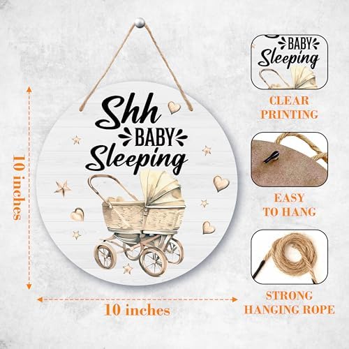 Baby Sleeping Door Sign - Round Wood Hanging Decor 10x10in