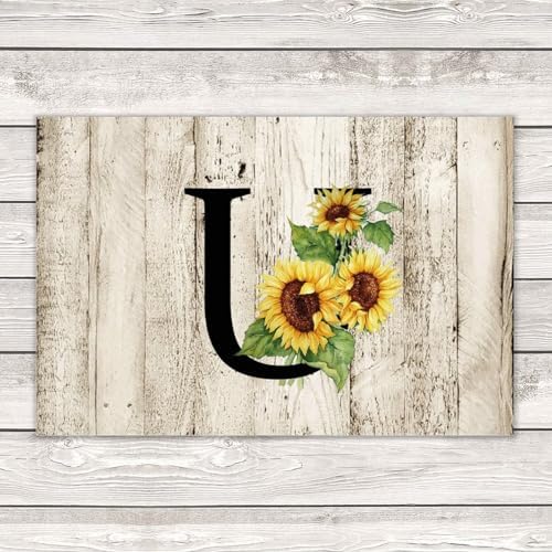Sunflower U Monogram Wall Art Rustic Wood Plaque 12x18 Inch