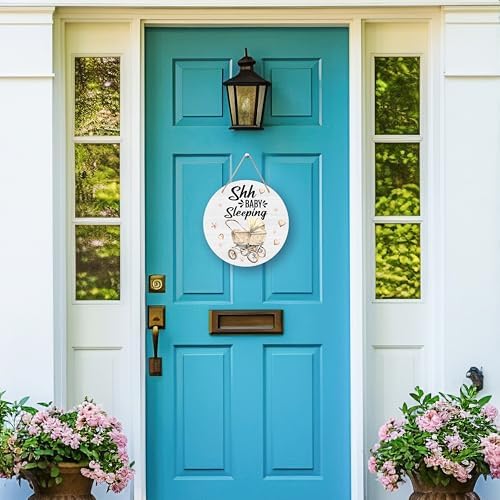 Baby Sleeping Door Sign - Round Wood Hanging Decor 10x10in