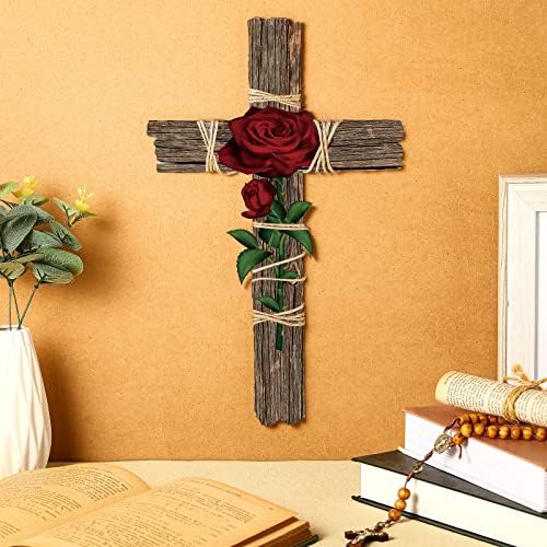 Chunful Wooden Wall Cross with Hemp Rope and Rose
