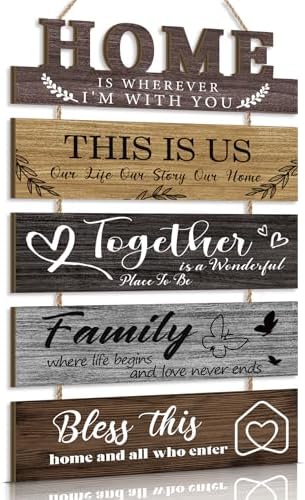 HLNIUC 5 Piece 3D Wood Family Quotes Wall Sign Set