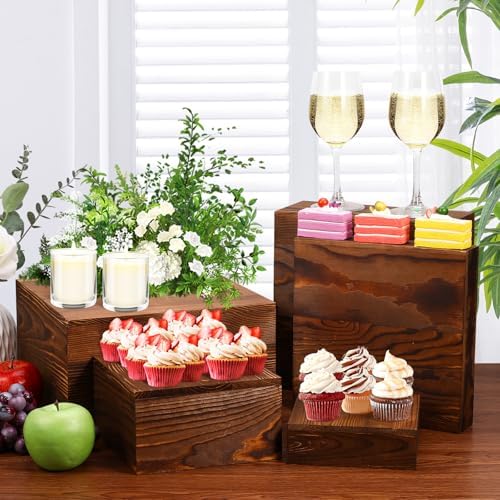 6 Pack Rustic Wood Risers Display Stands for Party and Buffet