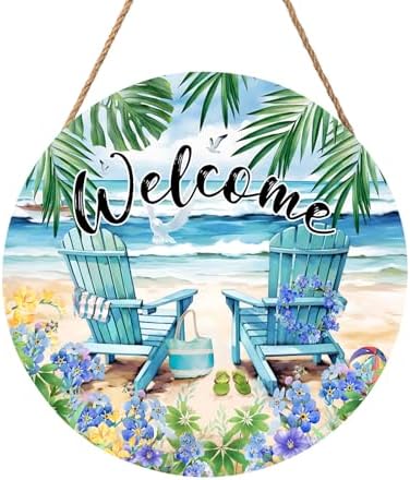 Welcome Summer Sea Chair Front Door Sign Wooden Wreath 12x12