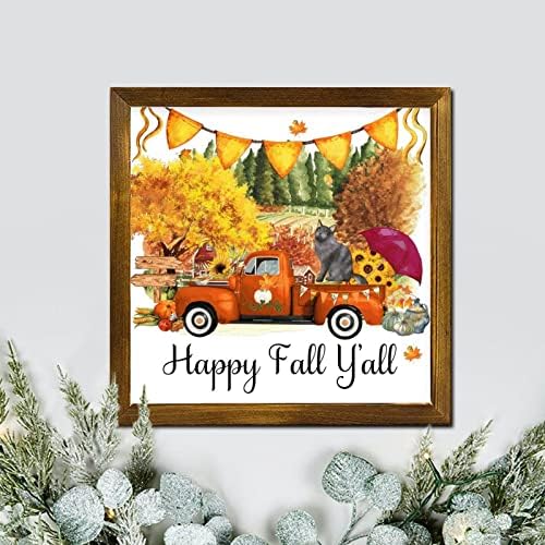 Happy Fall Yall Farm Flower Orange Truck Cat Framed Wood Sign