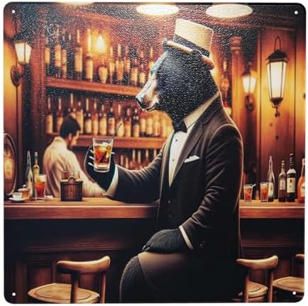 Sophisticated Bear Bartender Retro Metal Wall Art