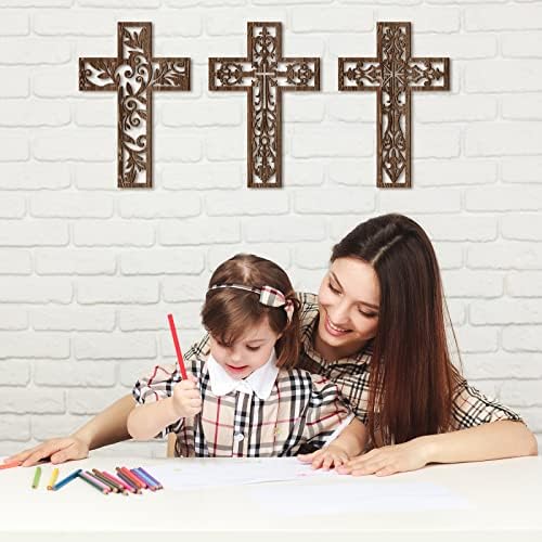 Yookeer 3 Pcs Handmade Brown Wooden Wall Cross Decor