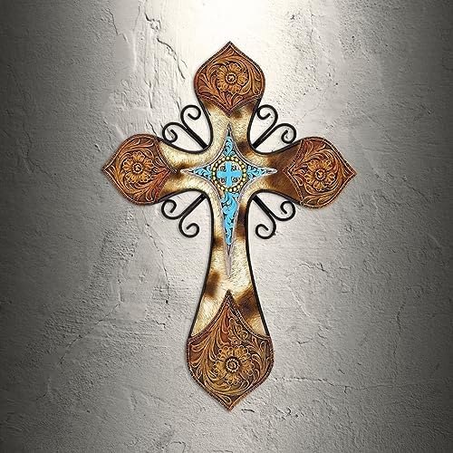 Rustic Western Style Wall Cross with Turquoise and Floral Design