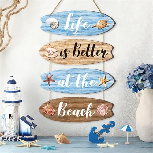 Wooden Beach Wall Decor Sign with Shells and Starfish