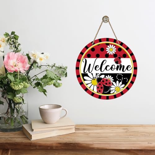 Welcome Spring Ladybug Front Door Sign Rustic Wood Decor