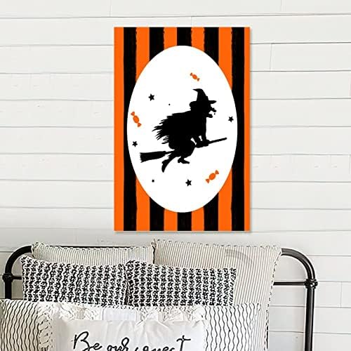 Wooden Halloween Sign with Orange Black Pumpkins Cat Witch