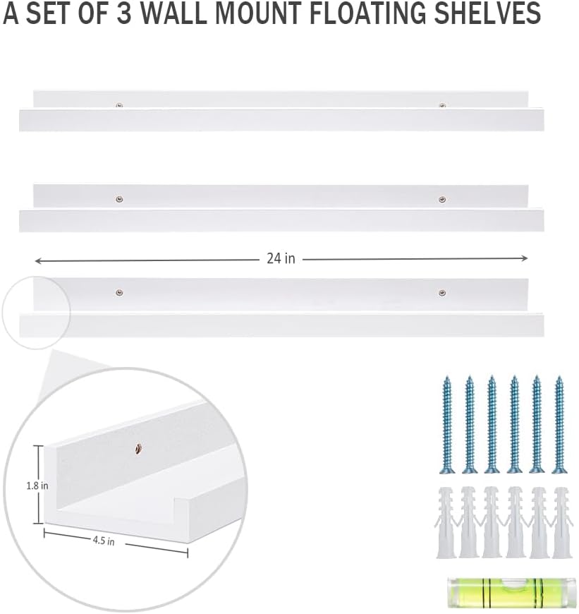 AZSKY White Floating Bookshelf Wall Mount 3 Pack Modern Storage