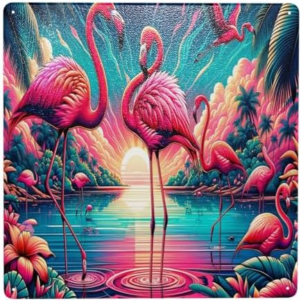 Tropical Flamingo Metal Wall Art Decor Sign 8x8inch
