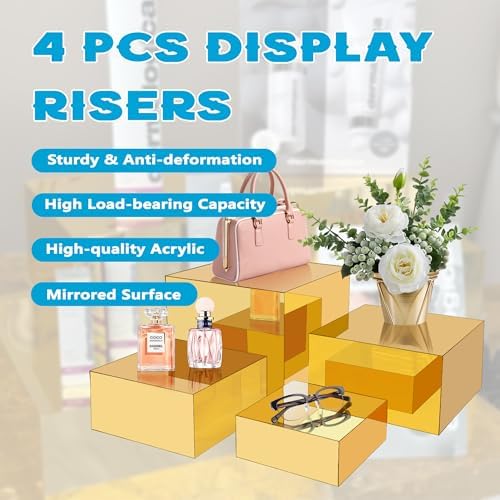 4Pcs Gold Acrylic Cube Mirror Risers for Buffet Tables and Parties