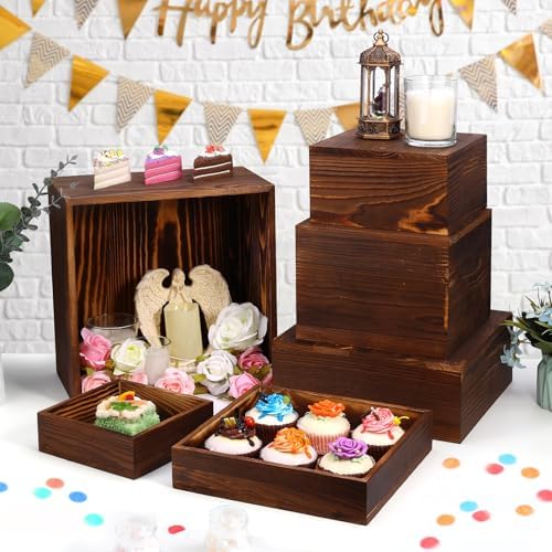 6 Pack Rustic Wood Risers Display Stands for Party and Buffet