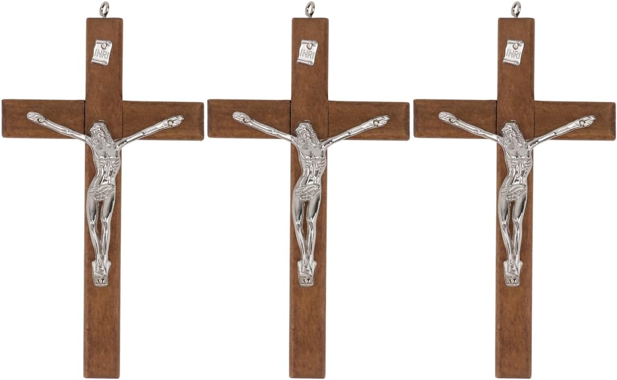 BESTOYARD Wood Wall Art 3 Pack - 5-Inch Medal Holy Crucifix Cross
