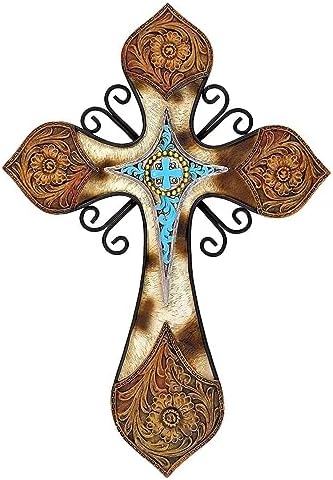 Rustic Western Style Wall Cross with Turquoise and Floral Design