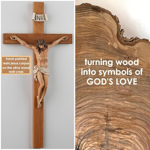 14 Inch Olive Wood Wall Cross with Painted Jesus