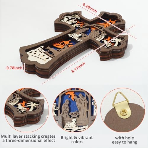KOMI Wooden Wall Cross with Nativity Scene 9 Inch
