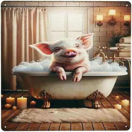 Charming Piglet Bath Time Rustic Metal Wall Art 12x12inch