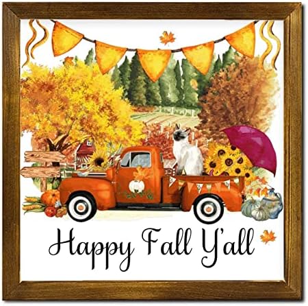 Happy Fall Yall Cat Orange Truck Wood Framed Sign