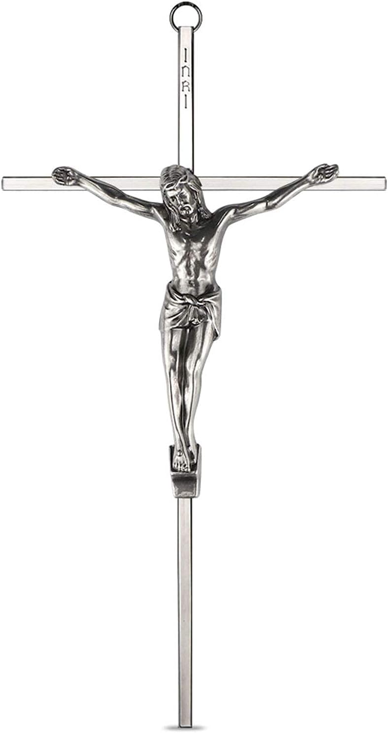 ACHIBANG 10 Inch Silver Crucifix Wall Cross - Catholic Metal Cross with Jesus INRI