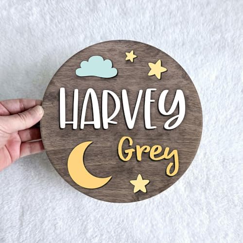 Personalized Wooden Name Sign with Moon - Custom Baby Announcement Decor