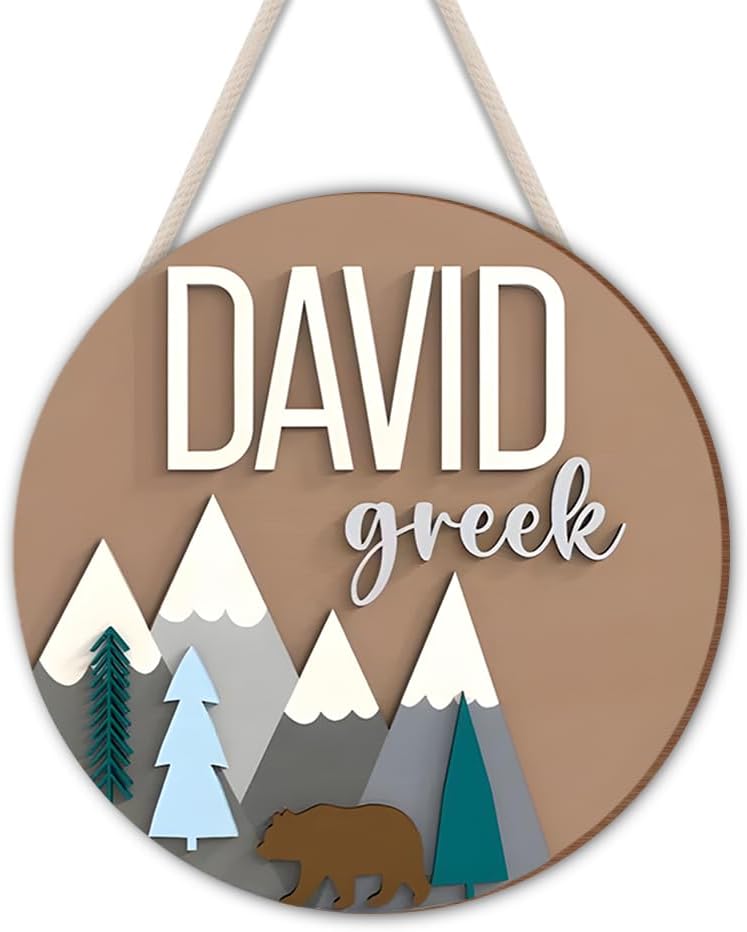 Custom Bear and Mountain Nursery Name Sign for Kids Room