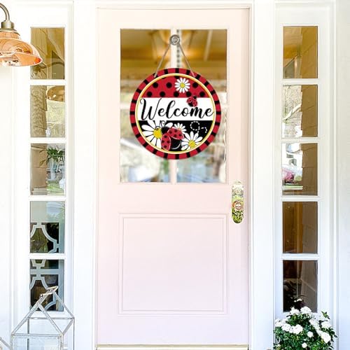 Welcome Spring Ladybug Front Door Sign Rustic Wood Decor