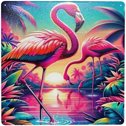Tropical Sunset Flamingos Metal Wall Sign Decor