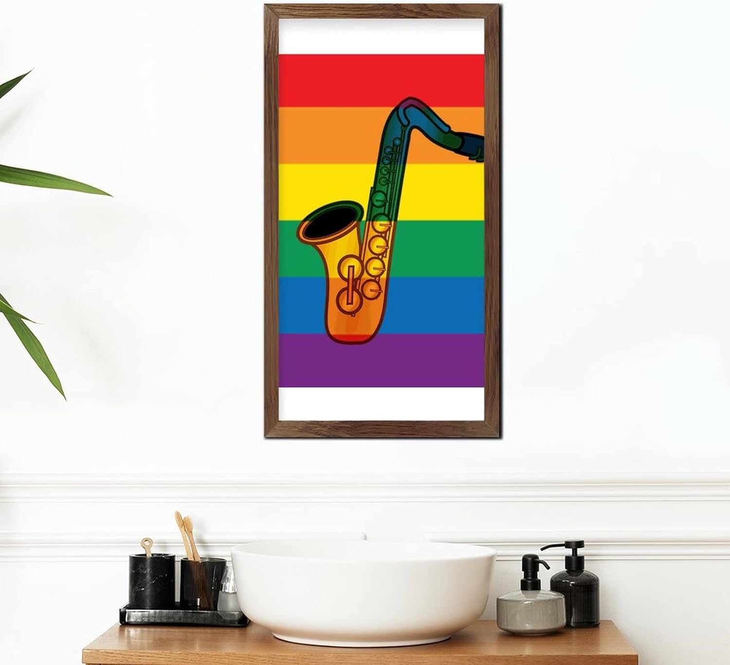 LGBTQ Pride Wood Framed Rainbow Saxophone Wall Art Sign